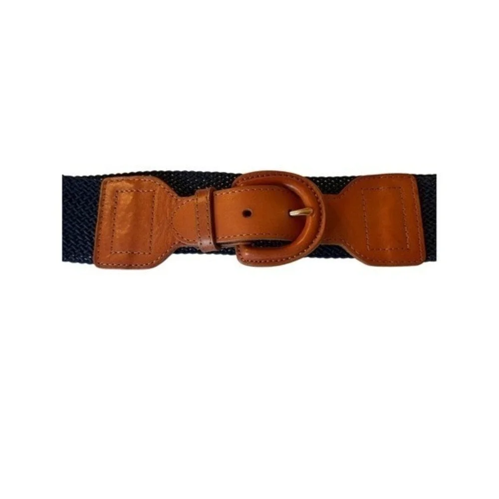NWT Lands' End Woven Nylon Navy Stretch Belt with‎ Tan Leather Buckle Size XL